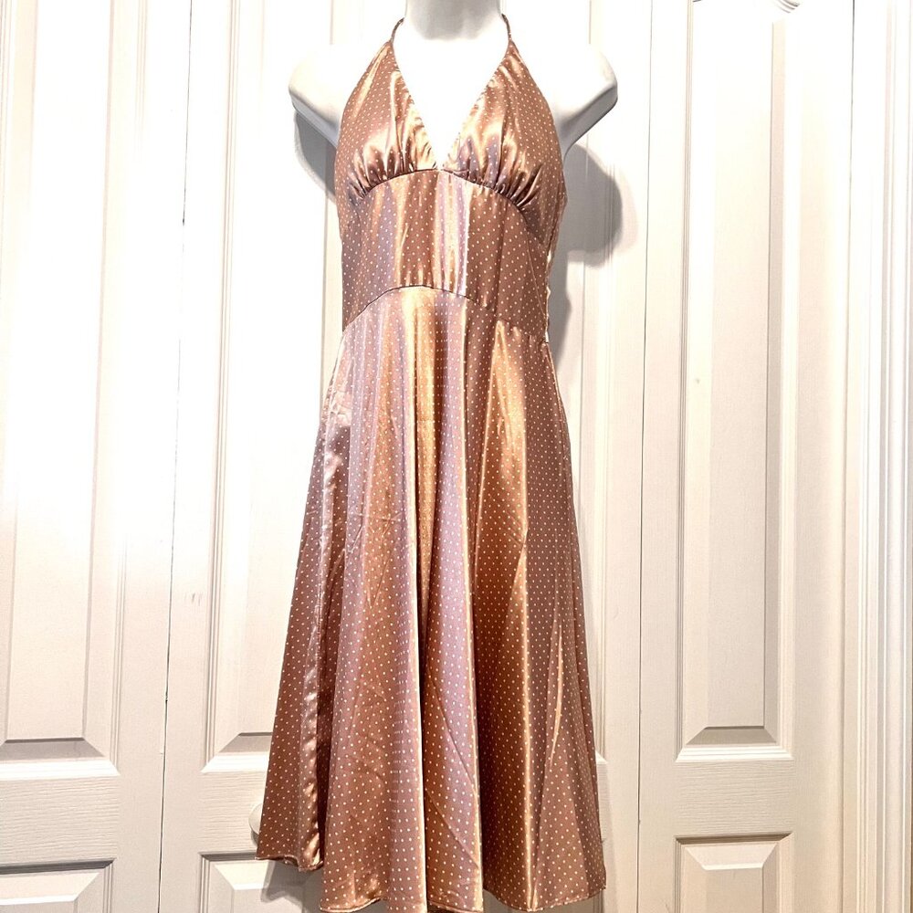 Alyn Paige-Women's Size 5/6 Jrs.-Halter Polka Dot Flowy Satin Feel Dress-Tan/Wh - Picture 1 of 15